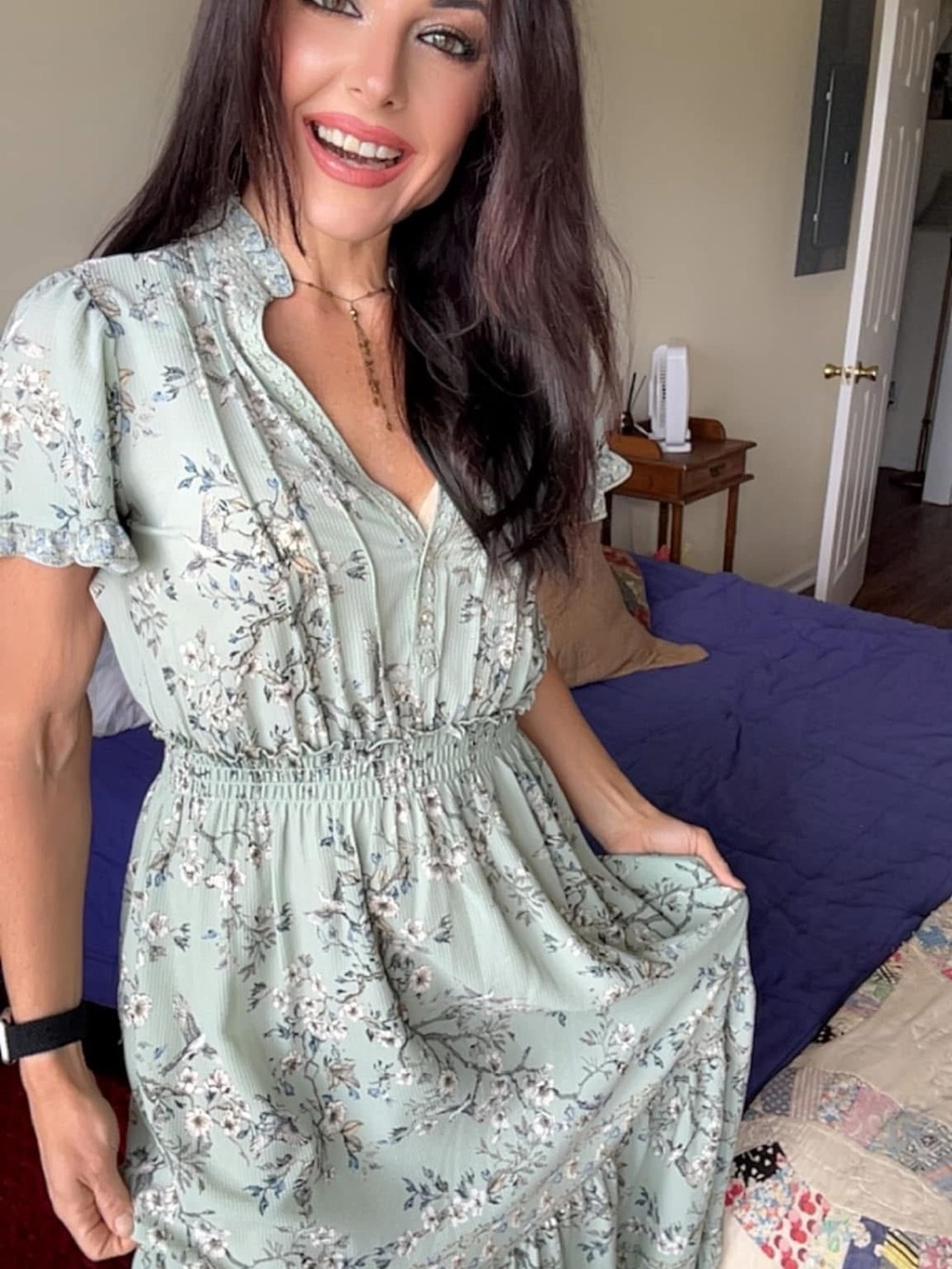 Max Studio Sage Green Floral Print Midi Dress with Blue and Cream Accents